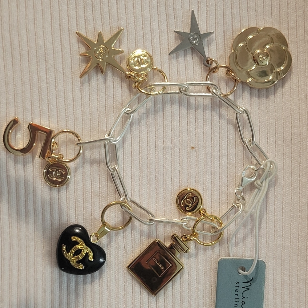 Upcycled CHANEL Charms And Pulls On Sterling Silver Bracelet From Italy